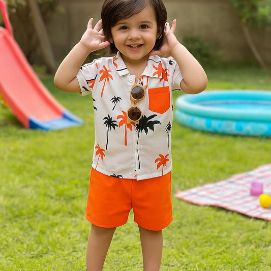 2pcs Baby Boys Tree Print Polo Collar Shirt & Elastic Waist Orange Shorts Set