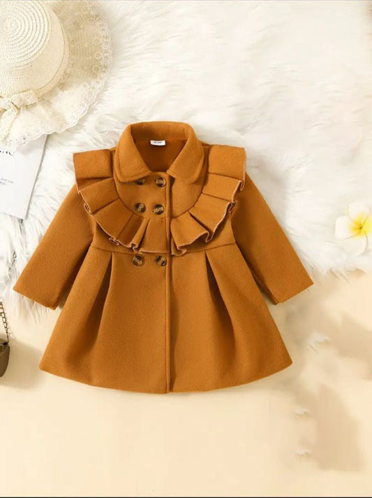 Camel winter coat with ruffle collar, decorative buttons, and long sleeves