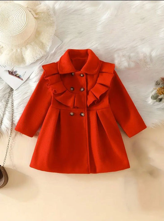 Little Royal red winter coat for kids, button-front with ruffled collar and cuffs