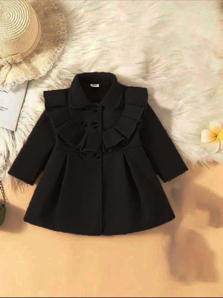 Little Royal winter coat, black, long-sleeve with ruffled collar and button front