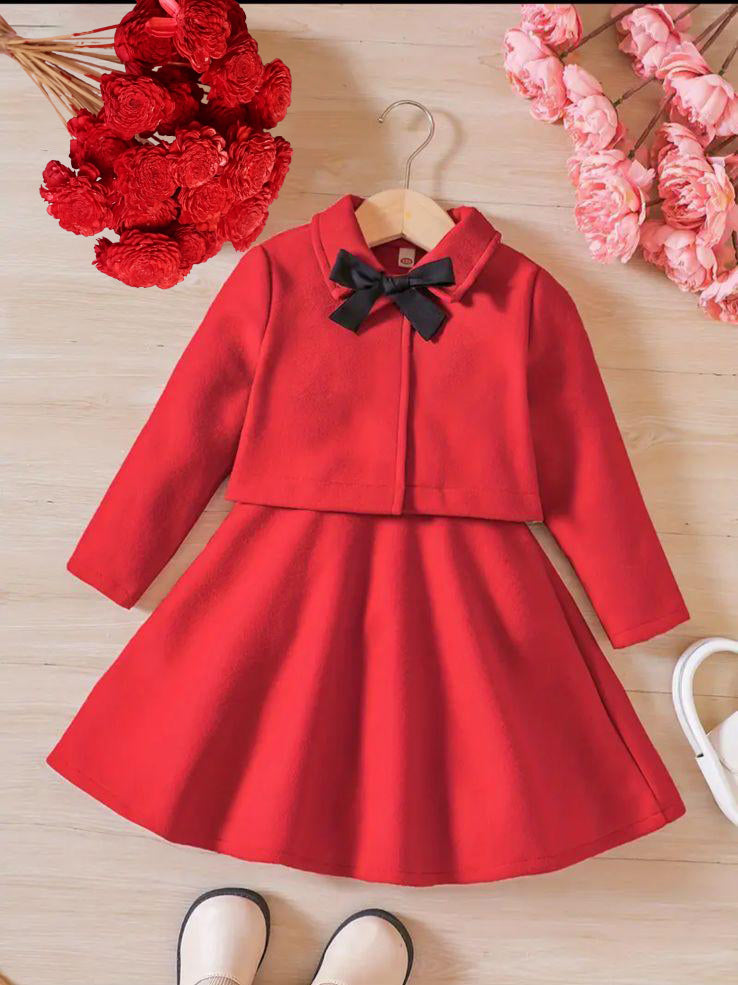 Red girls' long-sleeve dress with black bow collar and flared skirt