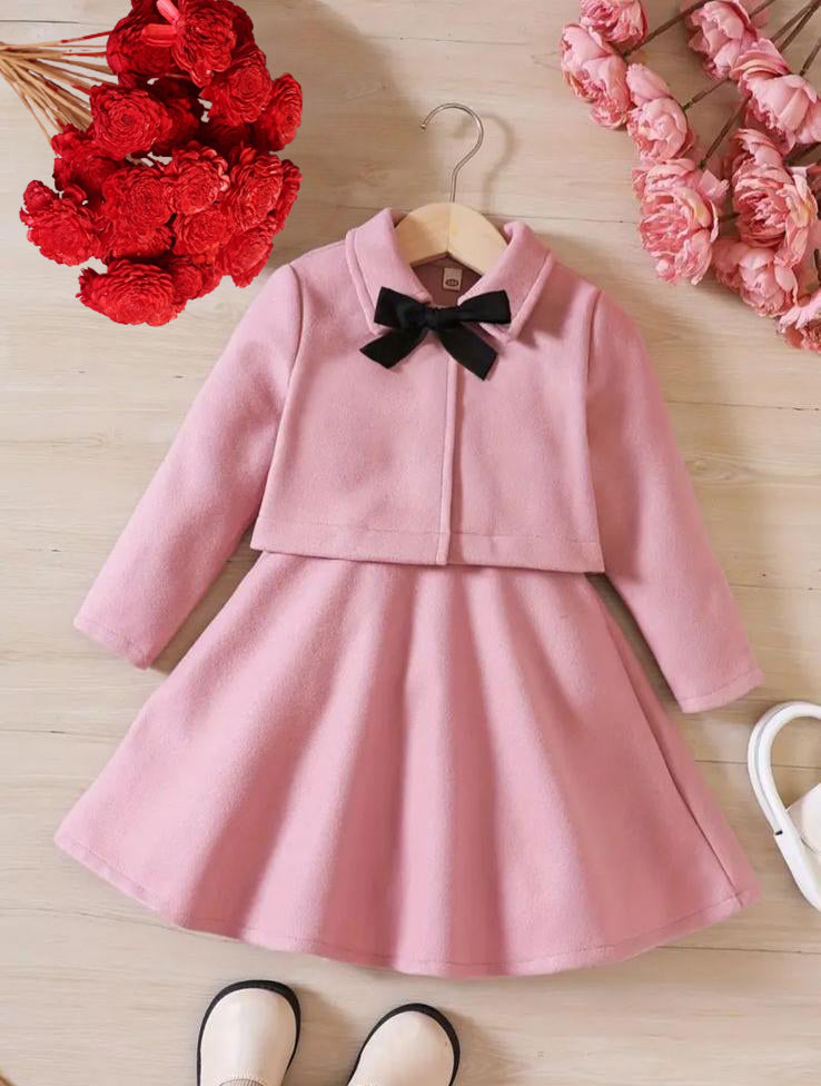 Pink girls 2-piece dress set with black bow collar and long sleeves