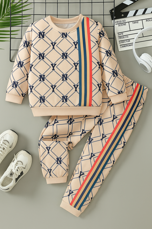 Kids allover print tracksuit set with cream long-sleeve top and striped pants