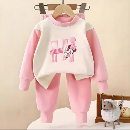 Kids pink and white tracksuit set with Mickey mouse graphic on sweatshirt