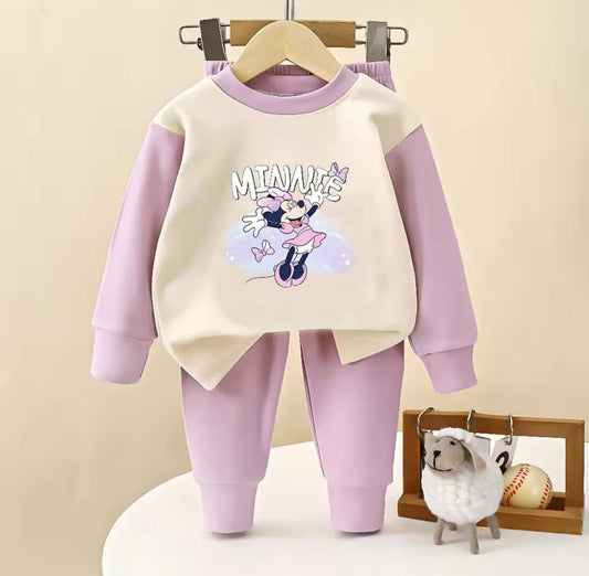 Kids winter tracksuit set with lavender sleeves, cream top, Minnie graphic, matching joggers