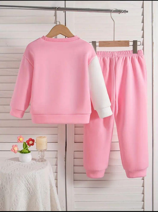 Kids winter tracksuit in pink: crewneck sweatshirt and joggers, back view