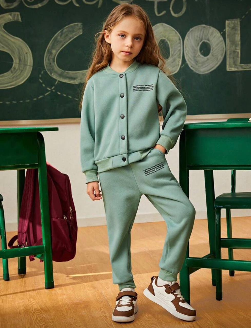 Kids mint tracksuit set with button-front jacket and tapered jogger pants