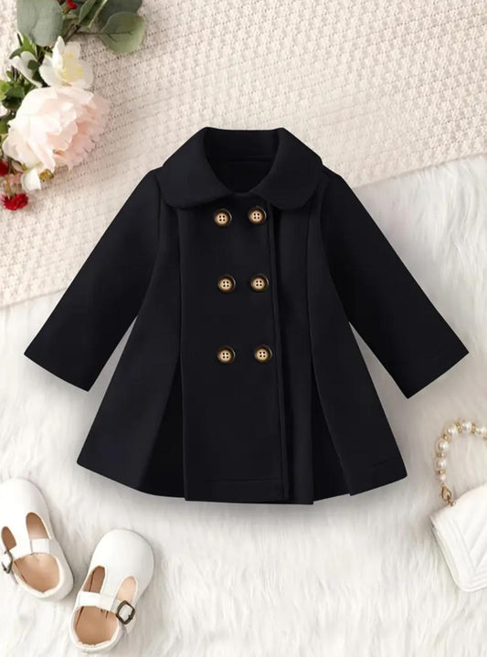Black double-breasted coat with wide collar, gold buttons, flared sleeves