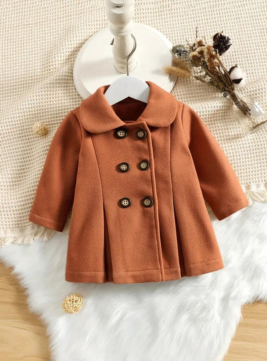 Royal camel coat, rust-brown wool with double-breasted buttons and large collar