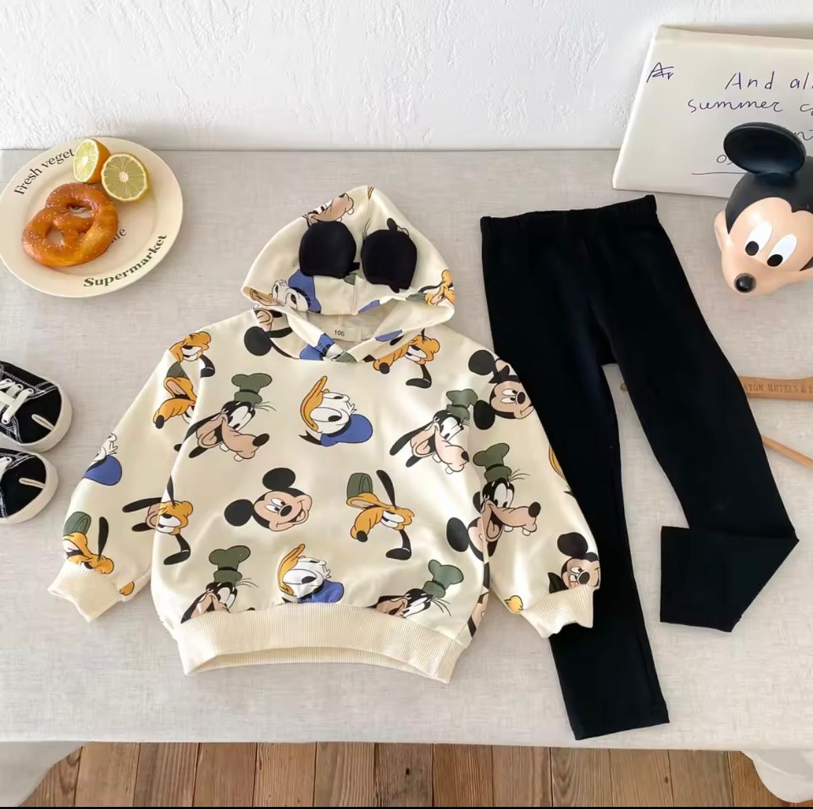 Kids winter tracksuit set with Mickey-style hoodie and black pants, long sleeves
