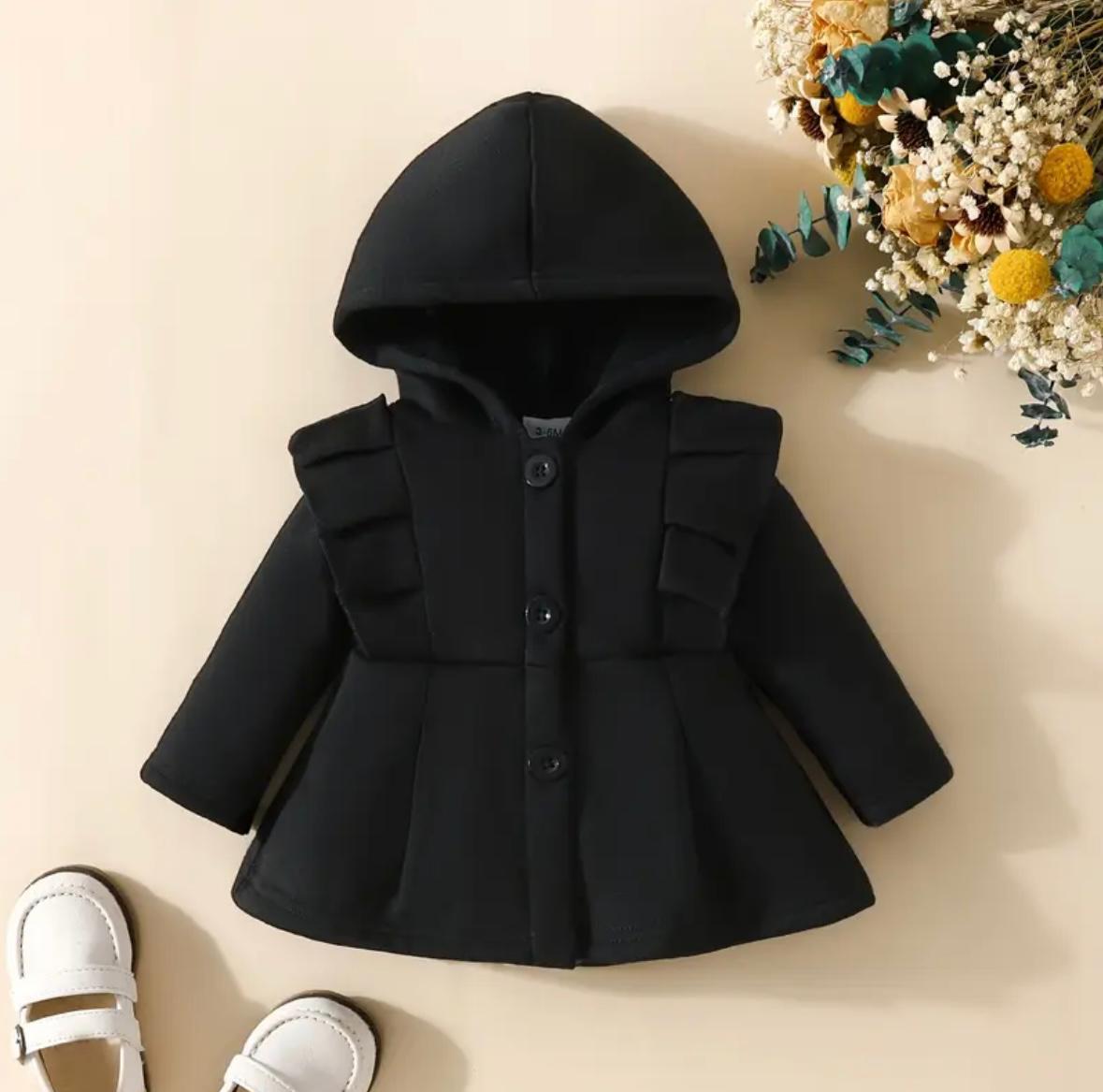 Kids button hoodie, dark hooded coat with long sleeves and button front