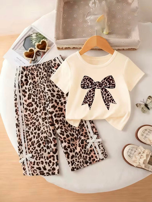 Beige Leopard Bow Girls Co-Ord Set