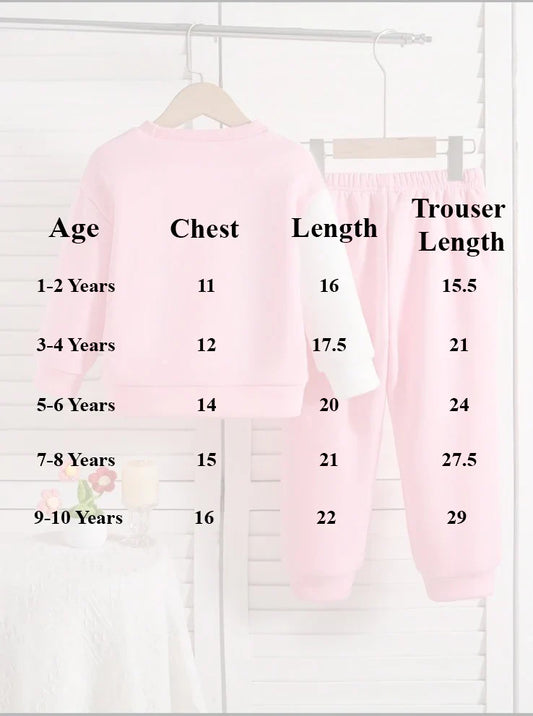 Kids light pink tracksuit set with long-sleeve top and jogger trousers, size chart