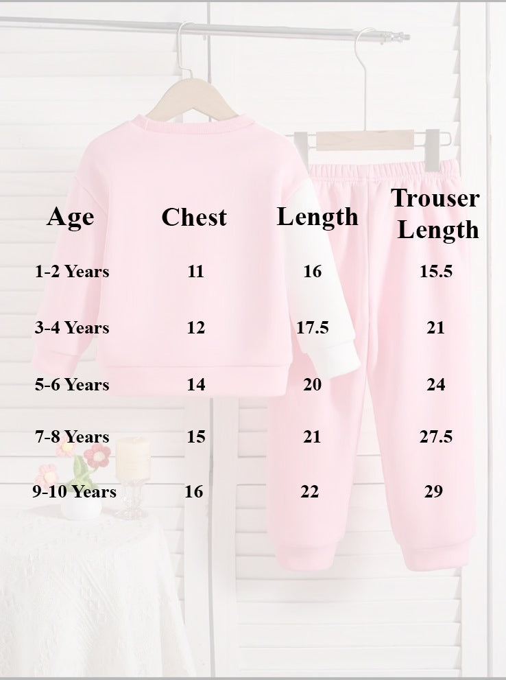 Girls' sweatshirt and trouser size chart with age, chest, and length measurements