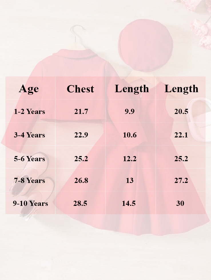 Pink dress set size chart table with ages 1-2 to 9-10, chest and length
