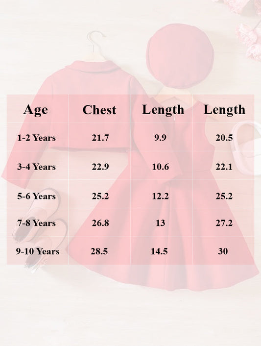 Pink dress set size chart table with ages 1-2 to 9-10, chest and length